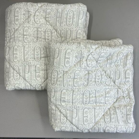 2 Pottery Barn Euro Sham Pillow Cover IDS Love Peace on Earth White Gray NEW - Picture 1 of 6